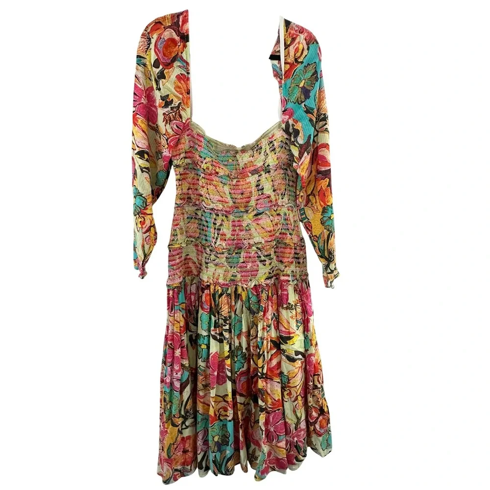 Hemant and Nandita Floral Smocked‎ Midi Dress XL Multicolor Cotton Long Sleeve